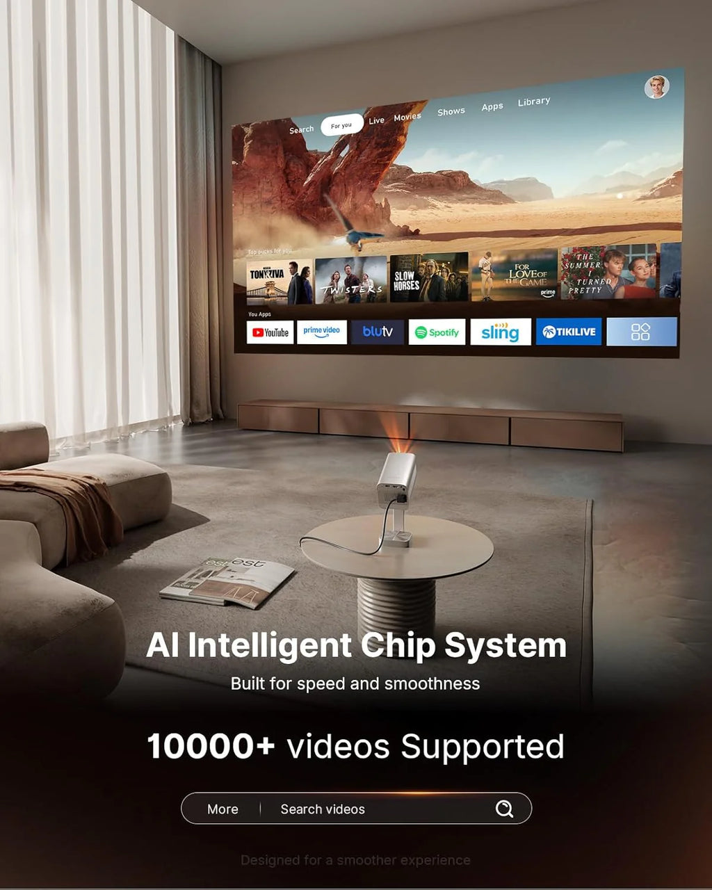 Mini projektor Smart 4K [oficjalny Netflix & Dolby Audio] VOPLLS TOF autofokus/korekcja trapezowa, projektor 26000 lumenów, WiFi6 Bluetooth Full HD 1080p obracany o 210°, projektor kina domowego