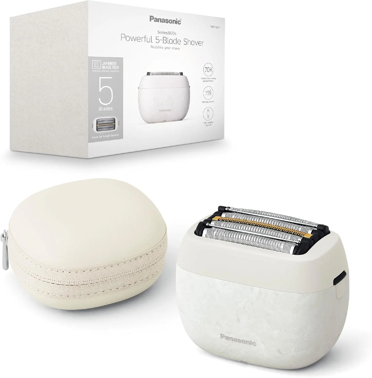 Panasonic ES-PV6B-W803 Series 900s Golarka, Golenie na Mokro i Sucho, 5-Ostrzowa Golarka Elektryczna Dla Mężczyzn, Inteligentny Czujnik Zarostu, USB-C, Etui, Biały Marmur NAGORI®
