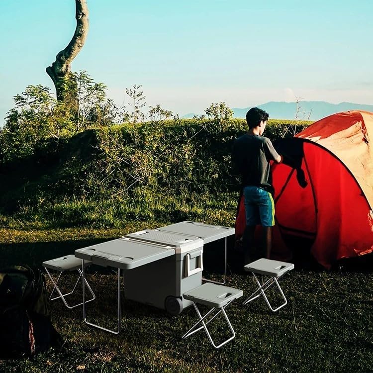 Izolowana lodówka turystyczna na kółkach ze składanym stołem i krzesłem na kemping i piknik, wielofunkcyjna do przechowywania i chłodzenia