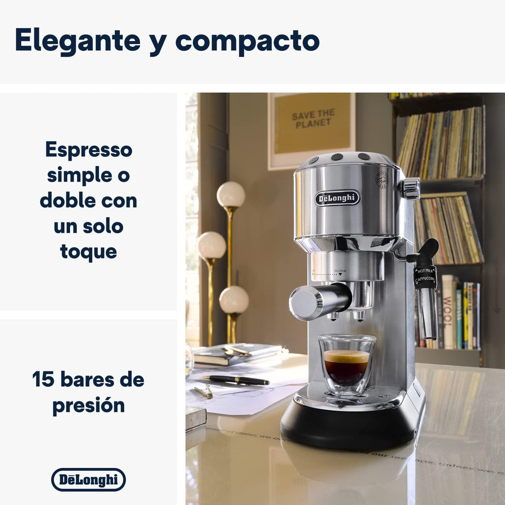 De'Longhi Dedica – Ekspres do kawy ze stali nierdzewnej z pompką do kawy mielonej lub na kapsułki, espresso i cappuccino, zbiornik 1,3 litra, system zapobiegający kapaniu, model EC685.M, kolor metaliczny