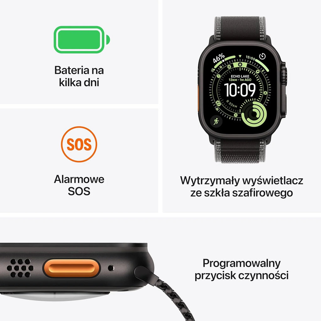 Apple Watch Ultra 3 GPS + Cellular 49 mm, najwyższej klasy zegarek do biegania i innych sportów z wytrzymałą kopertą z tytanu kolor czarny + Alpine Loop kolor czarny - M