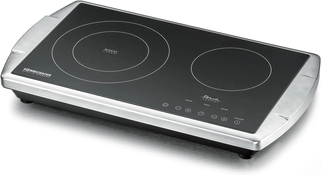 ROMMELSBACHER Podwójna płyta grzewcza CT 3403/TC-TM – Made in Germany, powierzchnia kuchenna Schott Ceran, 2 strefy gotowania, energooszczędna, krótki czas nagrzewania, 9 poziomów mocy, timer 99 min,