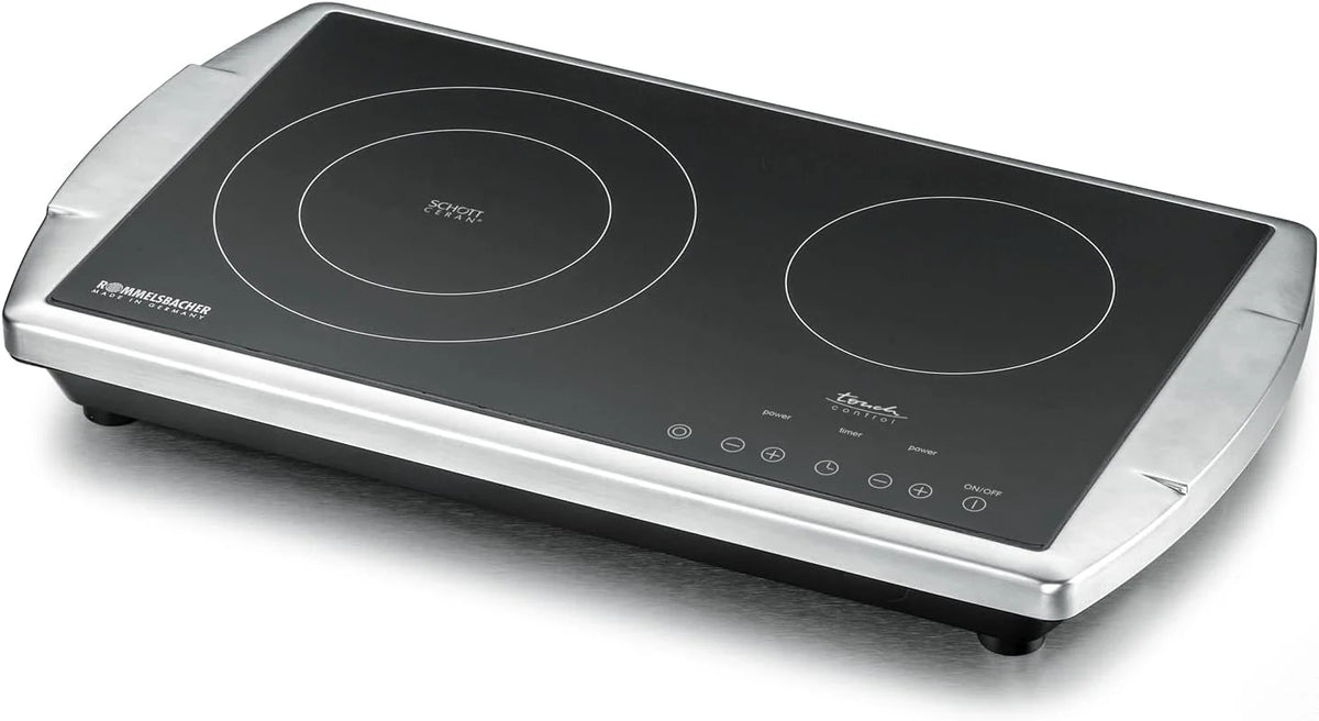 ROMMELSBACHER Podwójna płyta grzewcza CT 3403/TC-TM – Made in Germany, powierzchnia kuchenna Schott Ceran, 2 strefy gotowania, energooszczędna, krótki czas nagrzewania, 9 poziomów mocy, timer 99 min,