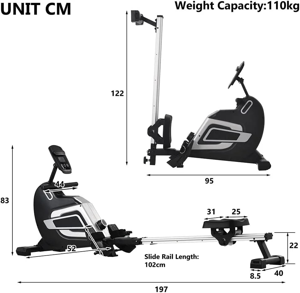 Wioślarz magnetyczny, Wioślarz do treningu w domu, Wioślarz z 14 oporem magnetycznym, Wioślarz do domu składany, Wyświetlacz LCD do 150 kg do fitnessu w domu.
