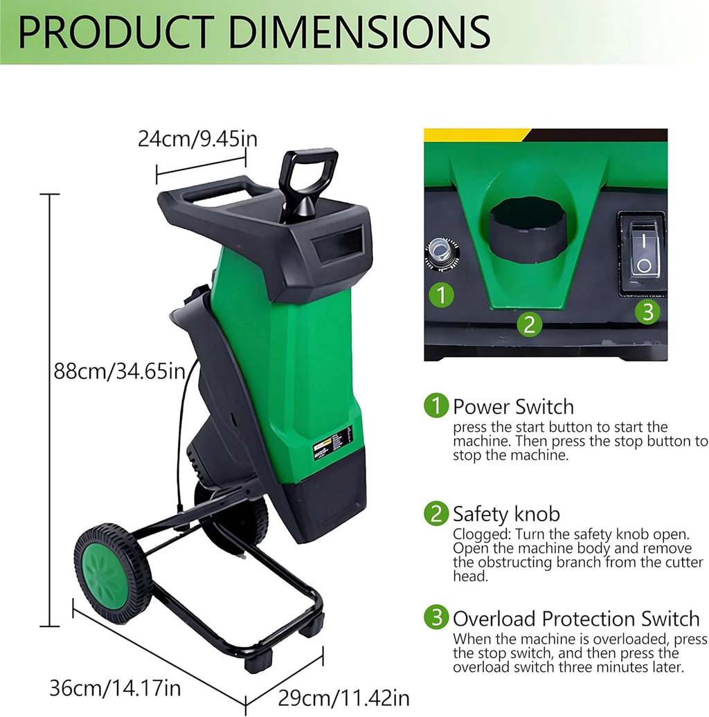 Mocna elektryczna rębak do drewna o mocy 2400 W, mały rębak do drewna, wydajność cięcia 40 mm, 4500 obr./min, z workiem zbiorczym o pojemności 50 l, odpowiednia do ogrodu i na podwórko