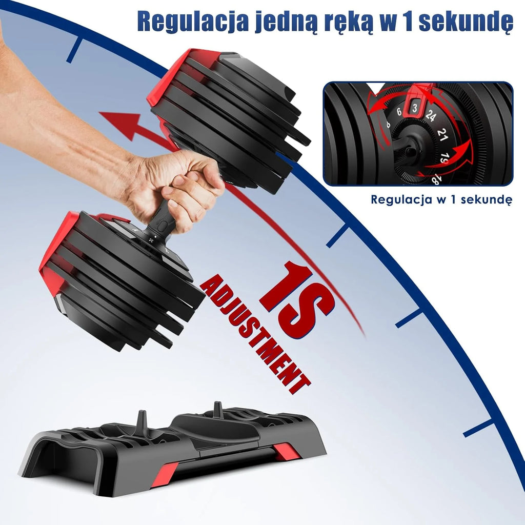 DH FitLife 18kg/24 kg Regulowane hantle z podstawą do przechowywania – zestaw hantli z płytami wagowymi, regulowane krótkie hantle oszczędzające miejsce, zmienne ciężary 12 w 1
