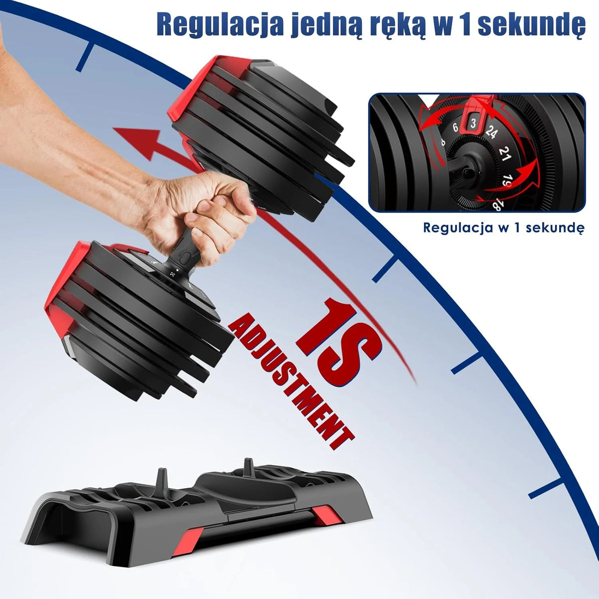 DH FitLife 18kg/24 kg Regulowane hantle z podstawą do przechowywania – zestaw hantli z płytami wagowymi, regulowane krótkie hantle oszczędzające miejsce, zmienne ciężary 12 w 1