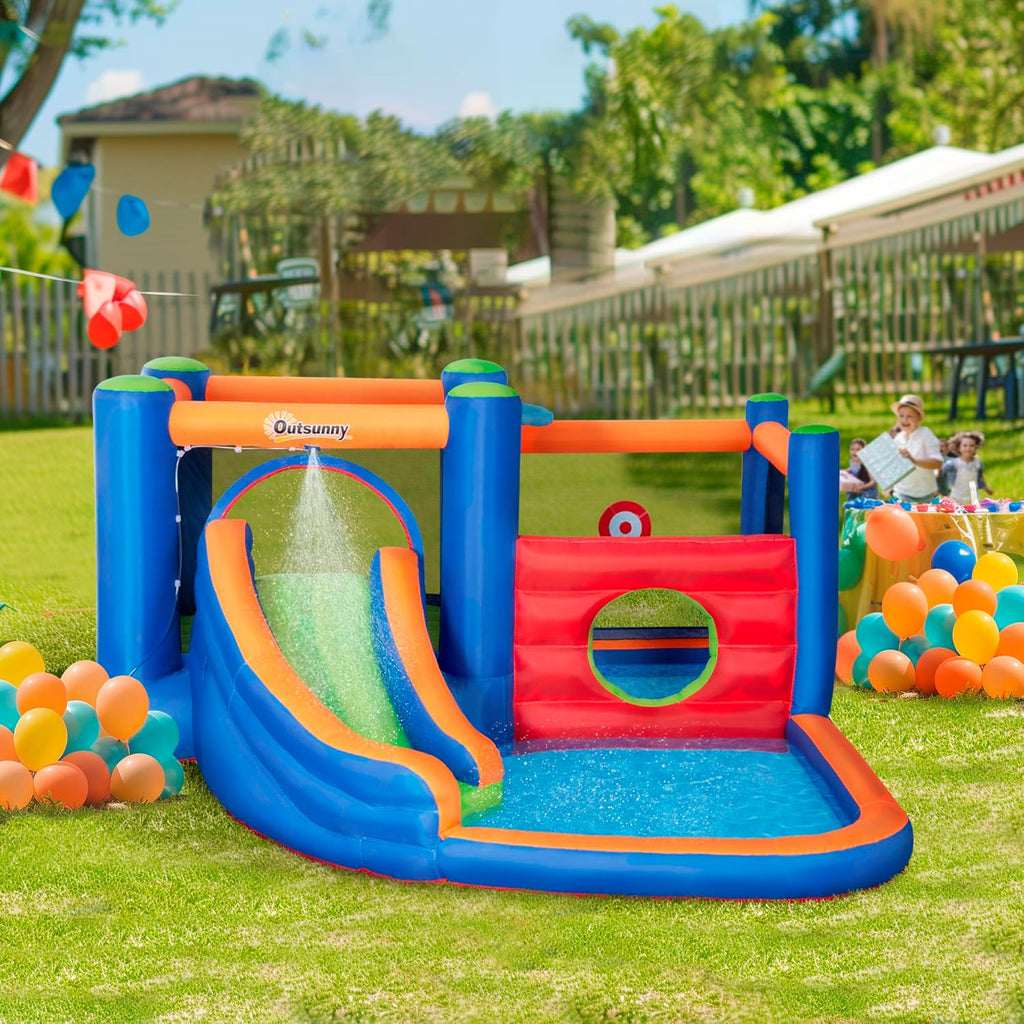 Outsunny nadmuchiwany dmuchany zamek park wodny z dmuchawą dmuchany zamek ze zjeżdżalnią do koszykówki nadmuchiwane centrum zabaw dla dzieci w wieku 3 lat i więcej basen trampolina 380 x 340 x 170 cm