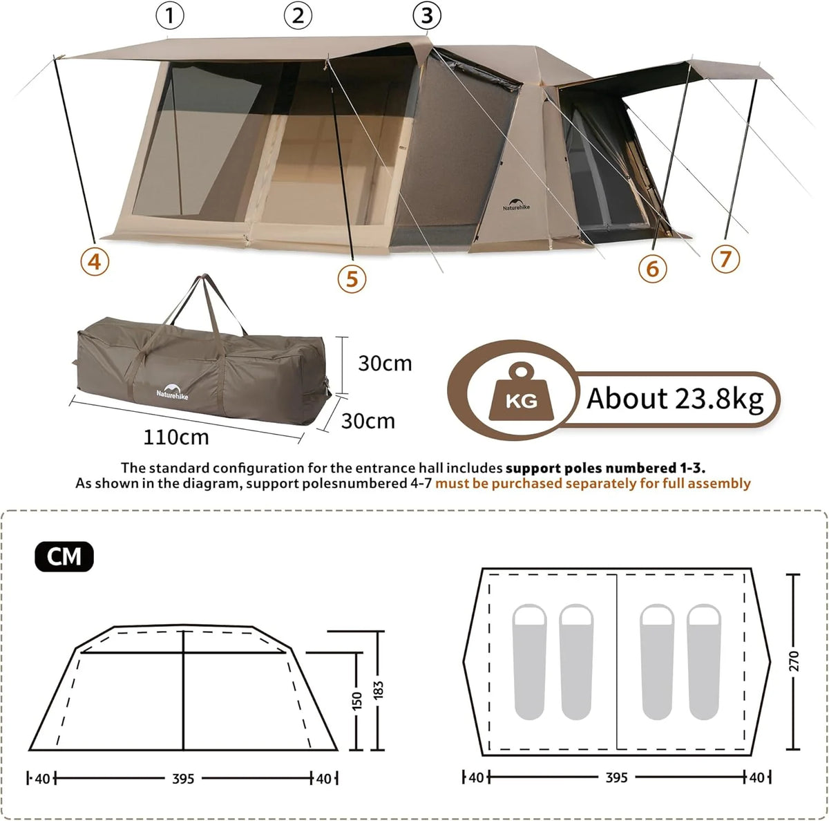 Naturehike Village namiot rodzinny, 13,0 ㎡, namiot typu pop-up, namiot domowy, kemping, namiot kempingowy dla 4-6 osób, duży namiot tunelowy o wodoodporności 2000 mm słupa wody