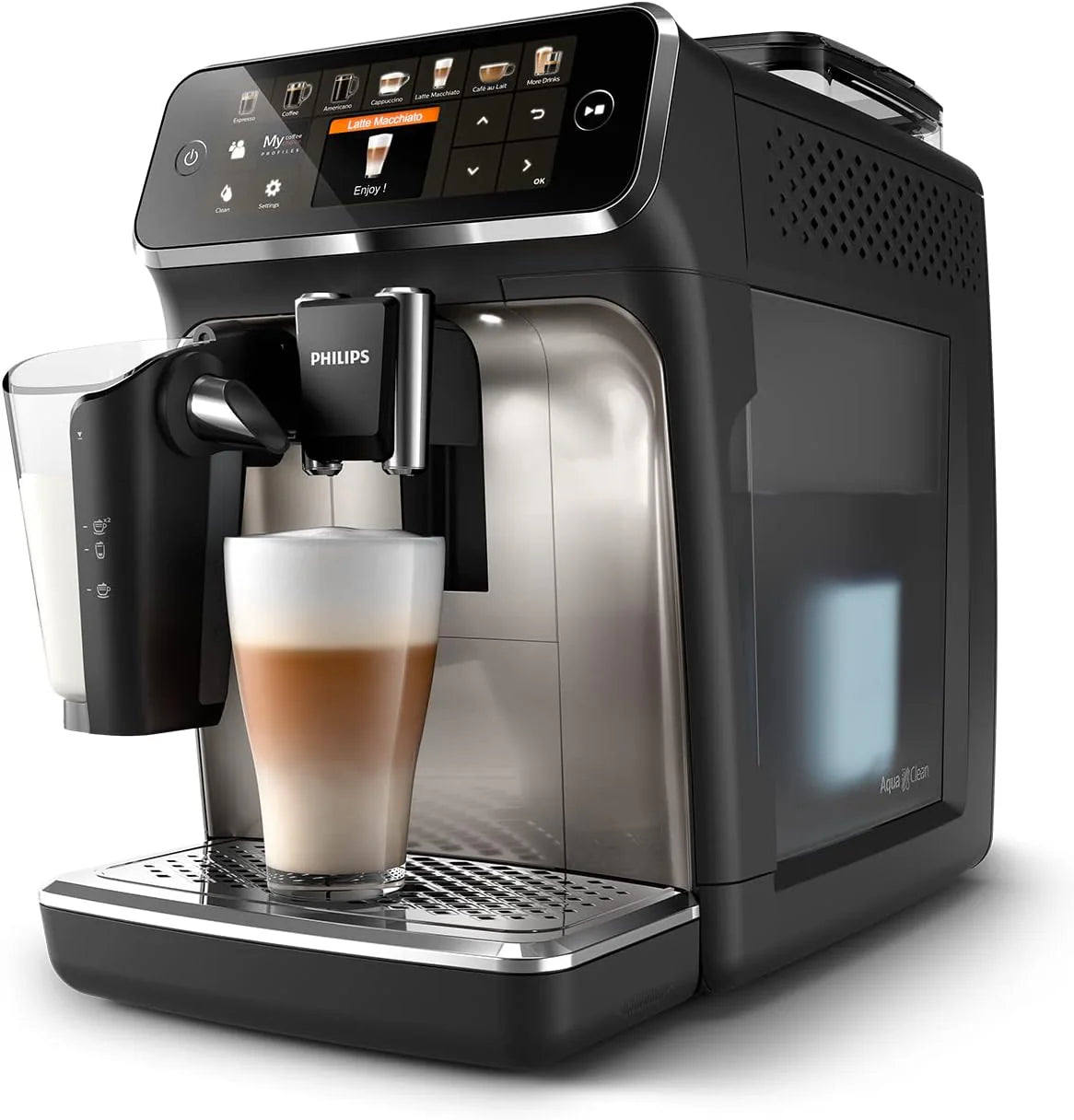 Philips 5400 Series W pełni automatyczny Ekspres do Kawy – Spieniacz LatteGo, 12 Rodzajów Napojów, Intuicyjny Wyświetlacz, 4 Profile Użytkownika, Filtr AquaClean w zestawie, Kolor Chrom (EP5447/90)