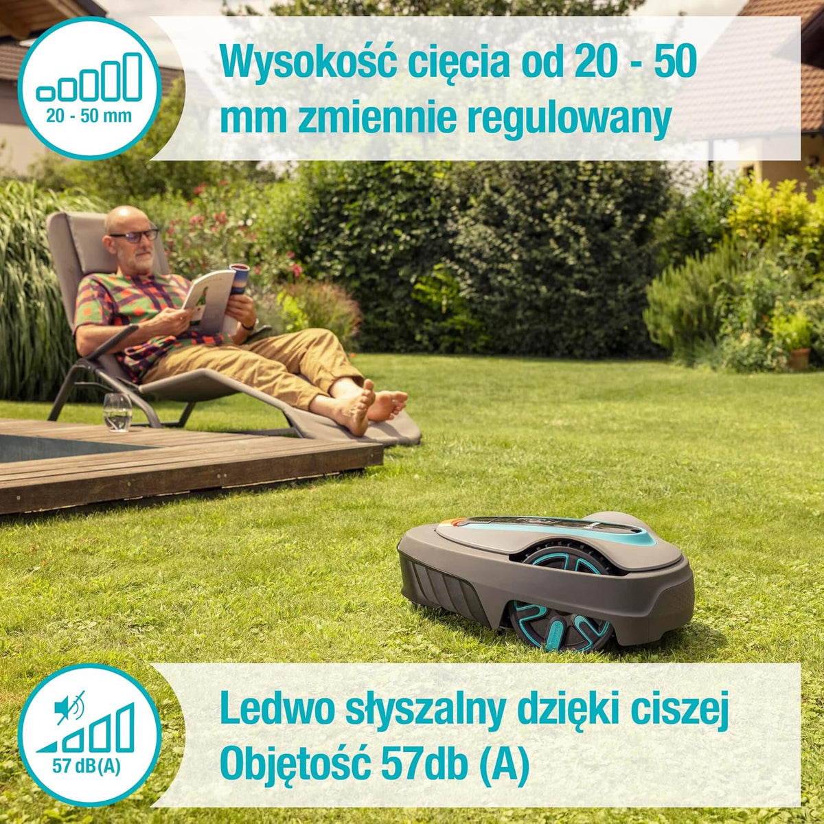 Gardena SILENO life: kosiarka automatyczna do trawników o powierzchni do 1000 m², sterowana za pomocą aplikacji Bluetooth, bardzo cicha - 57 db(A), kosi w każdych warunkach pogodowych (wersja PL)
