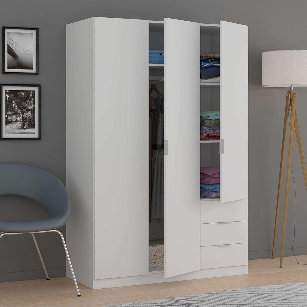 Szafa ubraniowa Habitdesign z trzema drzwiami i trzema szufladami, wykończenie w kolorze Artic White, wymiary: 121 cm (szer.) x 180 cm (wys.) x 52 cm (gł.)