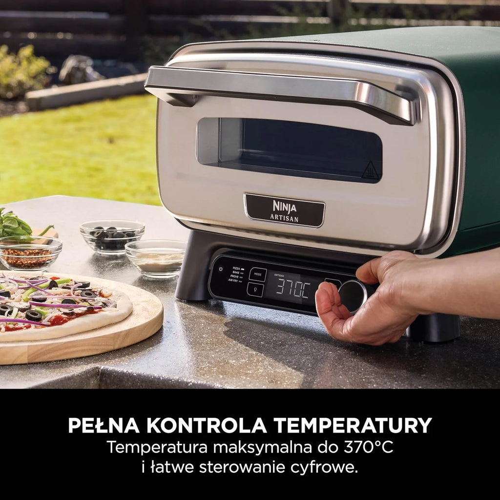 Ninja Artisan elektryczny zewnętrzny piec do pizzy i frytkownica beztłuszczowa z 4 funkcjami gotowania, deska do serwowania, nóż, kamień do pizzy 30 cm, łopata, blacha i kosz, zielony MO201AMZEU