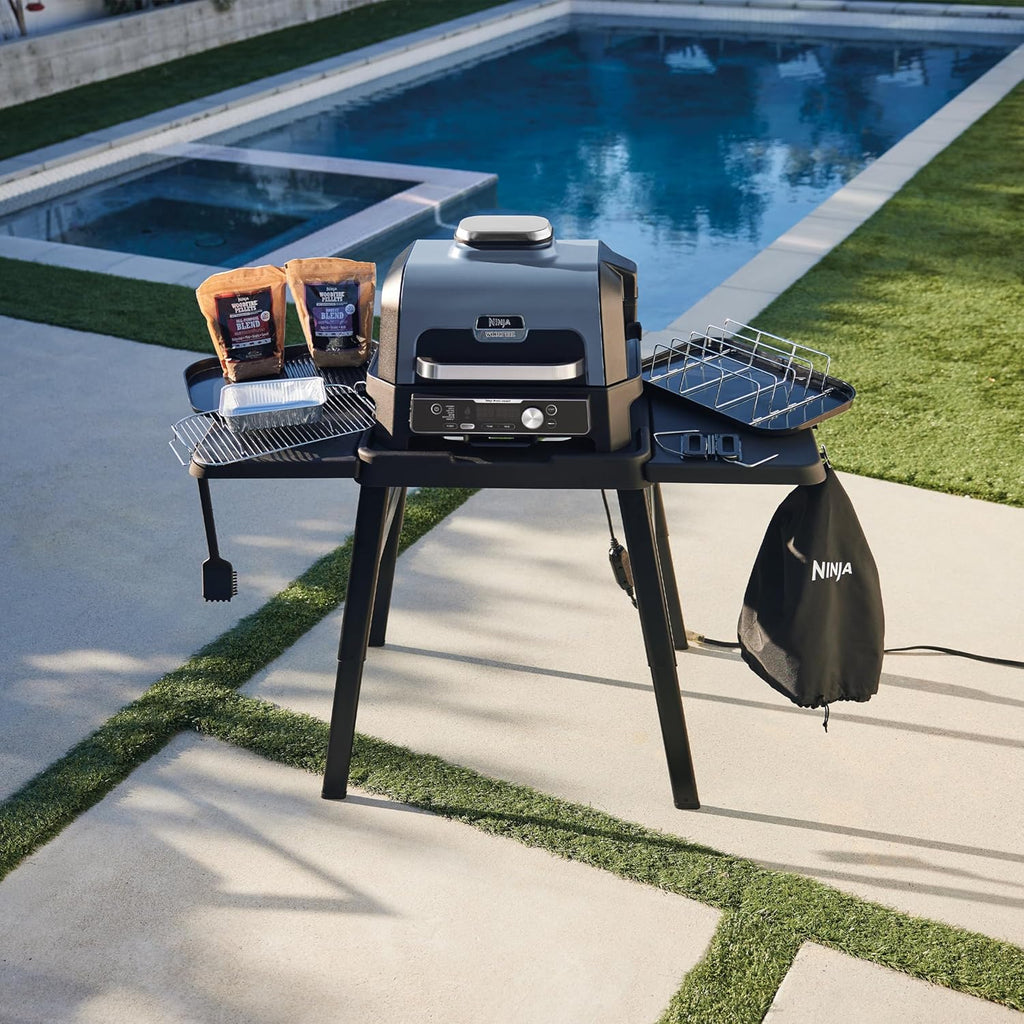 Ninja Woodfire Pro Connect XL Grill elektryczny, wędzarnia i frytkownica 7 w 1, sterowany za pomocą aplikacji, termometr cyfrowy z sondą, opalany pelletem drzewnym, wodoodporny, czarny, OG901EU