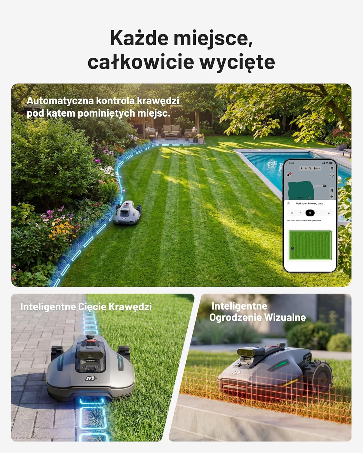 Mammotion YUKA 2000 Kosiarka Automatyczna z zamiatarką, Zalecane 2000 m², maks.2400 m²,i Nachyleniu 45%, UltraSense AI Vision do Auto-Mapowania Wysokość Koszenia 20-90mm Szerokość Koszenia 320mm