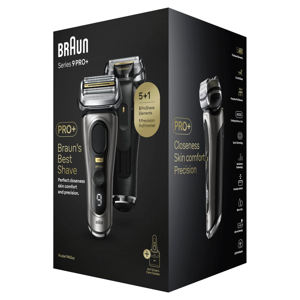 Braun Golarka elektryczna Series 9 Pro z głowicą 4+1, elektryczna maszynka do golenia dla mężczyzn z trymerem ProLift, centrum SmartCare 5 w 1 i skórzanym etui podróżnym, 2-pinowa wtyczka p
