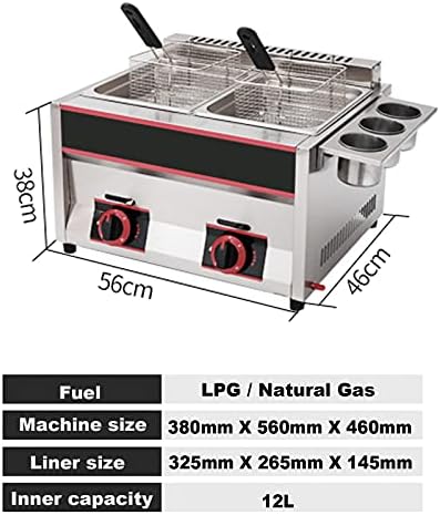 Frytkownica gazowa komercyjna, frytkownica LPG do blatu, stal nierdzewna, podwójna frytkownica o pojemności 11 l z regulowaną mocą ognia i łatwym czyszczeniem
