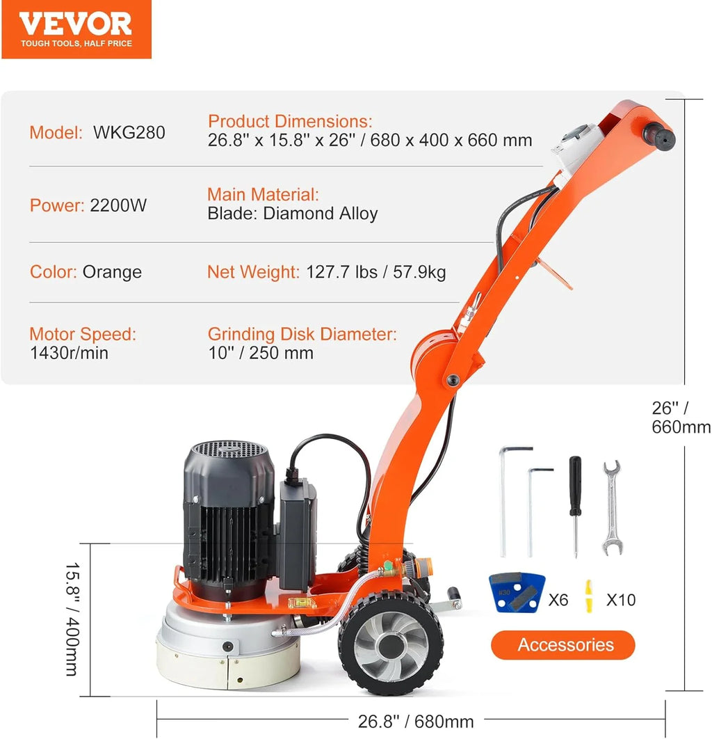 VEVOR Elektryczna szlifierka do posadzek betonowych 250 mm z prowadnicą ziemną 3.0 HP polerka do podłóg, szlifierka 2200 W z silnikiem bezszczotkowym 1430 RPM granit marmurowy