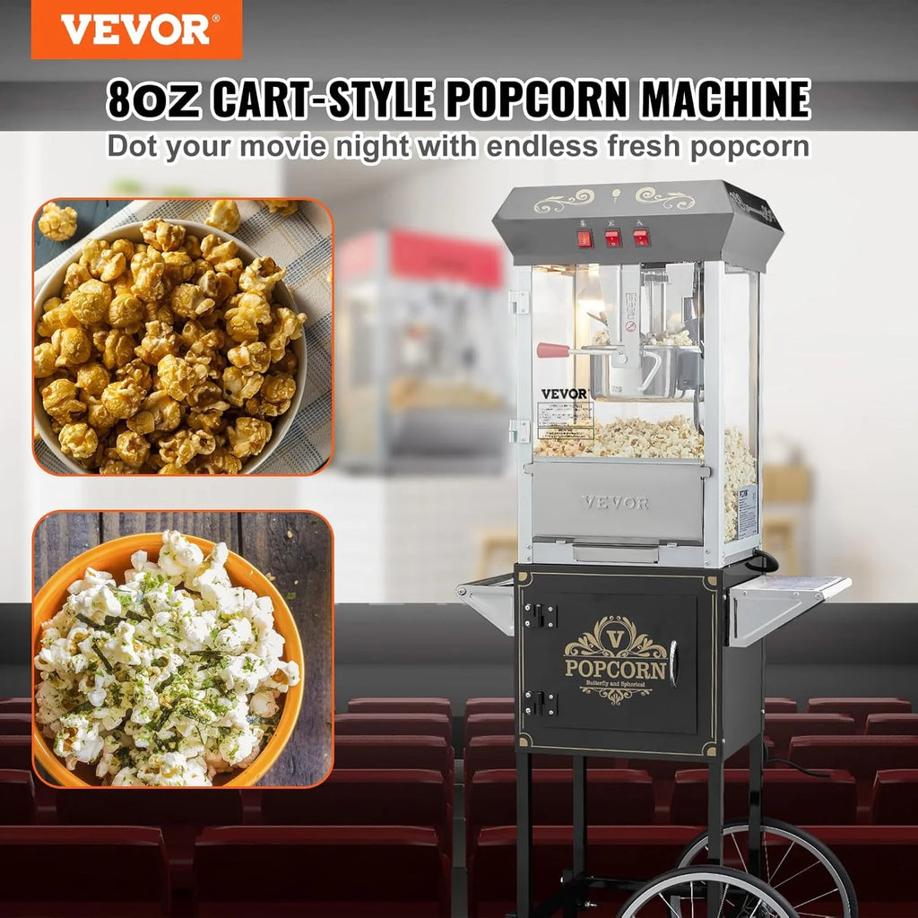 VEVOR Maszyna do popcornu z wózkiem, 850 W, czajnik na 48 filiżanek na jedno ładowanie, maszyna do popcornu z hartowanego szkła, w zestawie 4 łopatki, styl kinowy, restauracja, kolor czarny