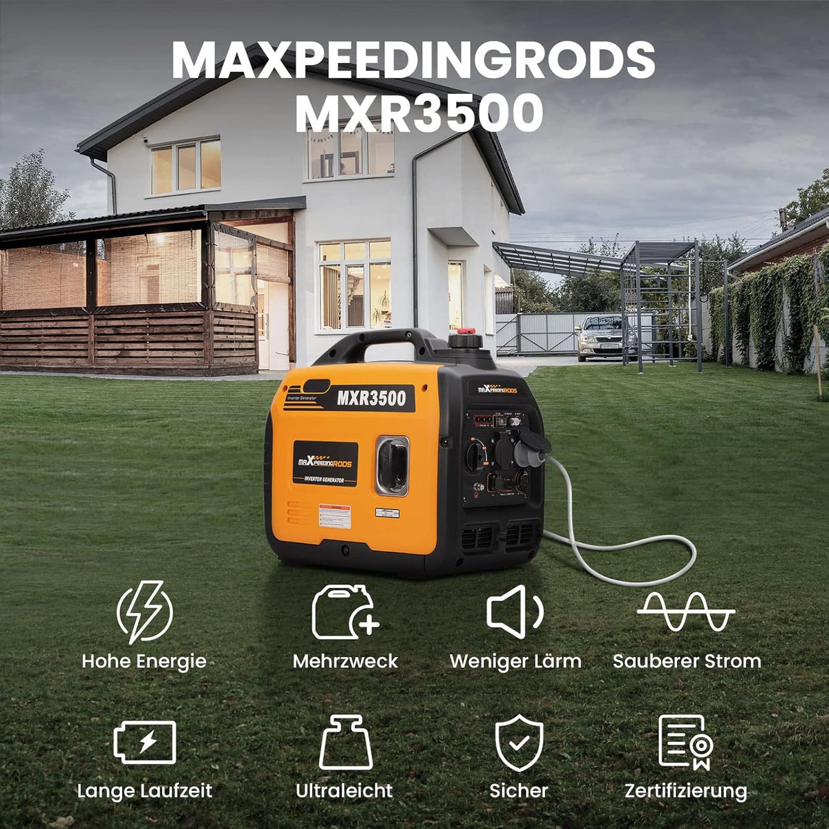 maXpeedingrods Inwerterowy generator prądu 3300 W, benzyna, 4-suwowa, z gniazdami USB i gniazdami 230 V, super cichy i lekki agregat zasilania awaryjnego na kemping…