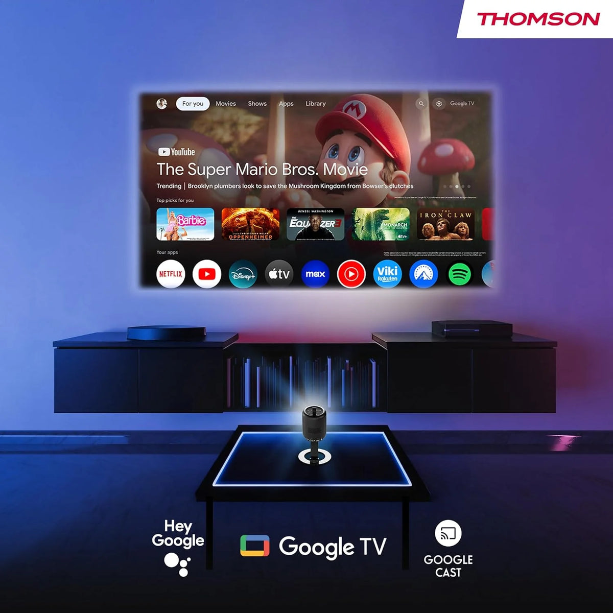 Thomson Sirius PG55B Inteligentny Projektor Laserowy RGB, Bardzo Krótki Rzut, Full HD 1080p, Google TV, 600 ANSI, Autofocus, HDR10+, Dolby Digital+, Bateria, WiFi, Bluetooth