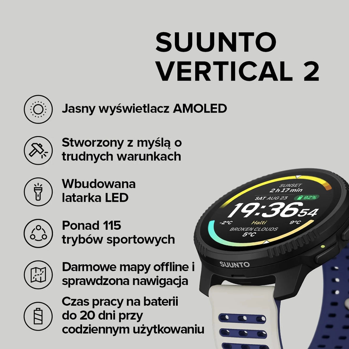 SUUNTO Vertical 2 Zegarek sportowy GPS, jasny 1,5-calowy ekran dotykowy AMOLED, latarka LED, 20-dniowy czas pracy baterii, mapy offline, wskaźniki treningowe i informacje o regeneracji, podwójny GNSS