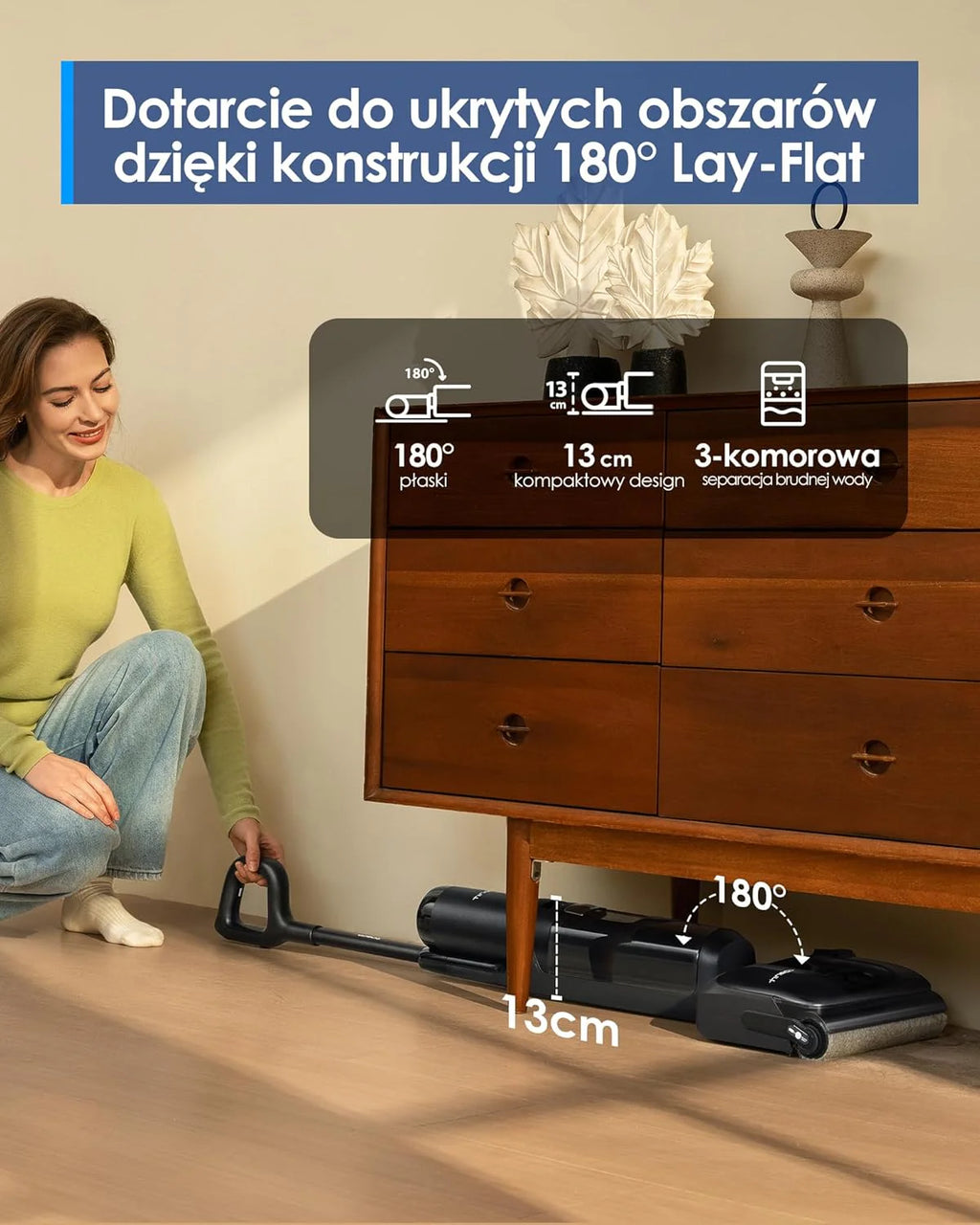 Tineco Floor ONE S7 Stretch Ultra Bezprzewodowy Odkurzacze na sucho i mokro, zapobiegająca splątaniu 180°, czas pracy 50 minut, samooczyszczanie Flashdry 85℃, dwustronne czyszczenie krawędzi