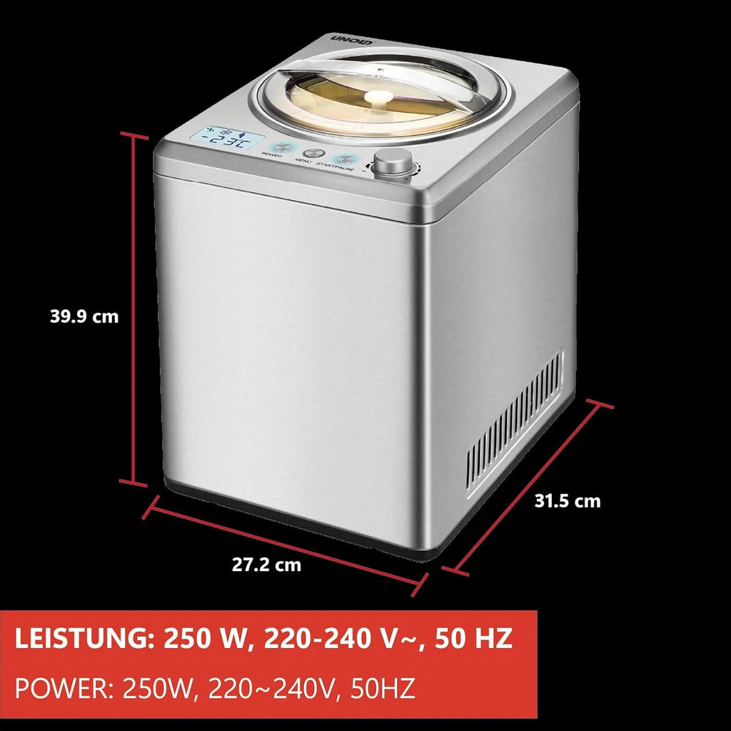 Unold 48880 Maszyna do lodów Profi Plus, 2,5 l, stal nierdzewna, w pełni automatyczna, sprężarka samochłodząca, wyświetlacz LCD, timer, również do lodów wegańskich, bezlaktozowych i zawierających stewię