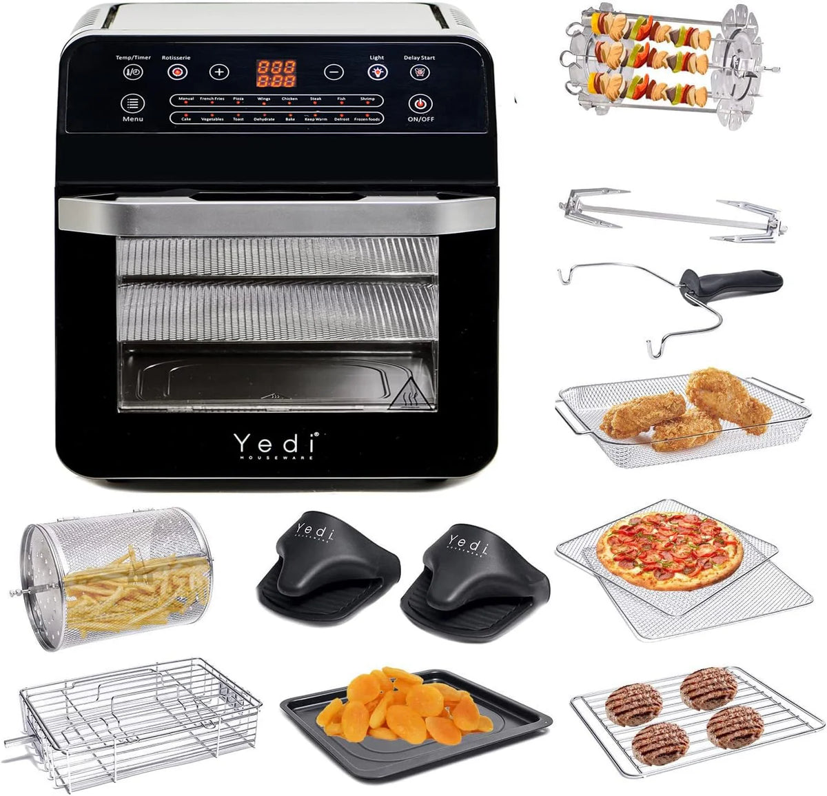 Yedi Total Package Air Fryer Oven XL, 12 litrów, zestaw akcesoriów Deluxe, przepisy kulinarne, bez BPA, automatyczne wyłączanie, kolor czarny