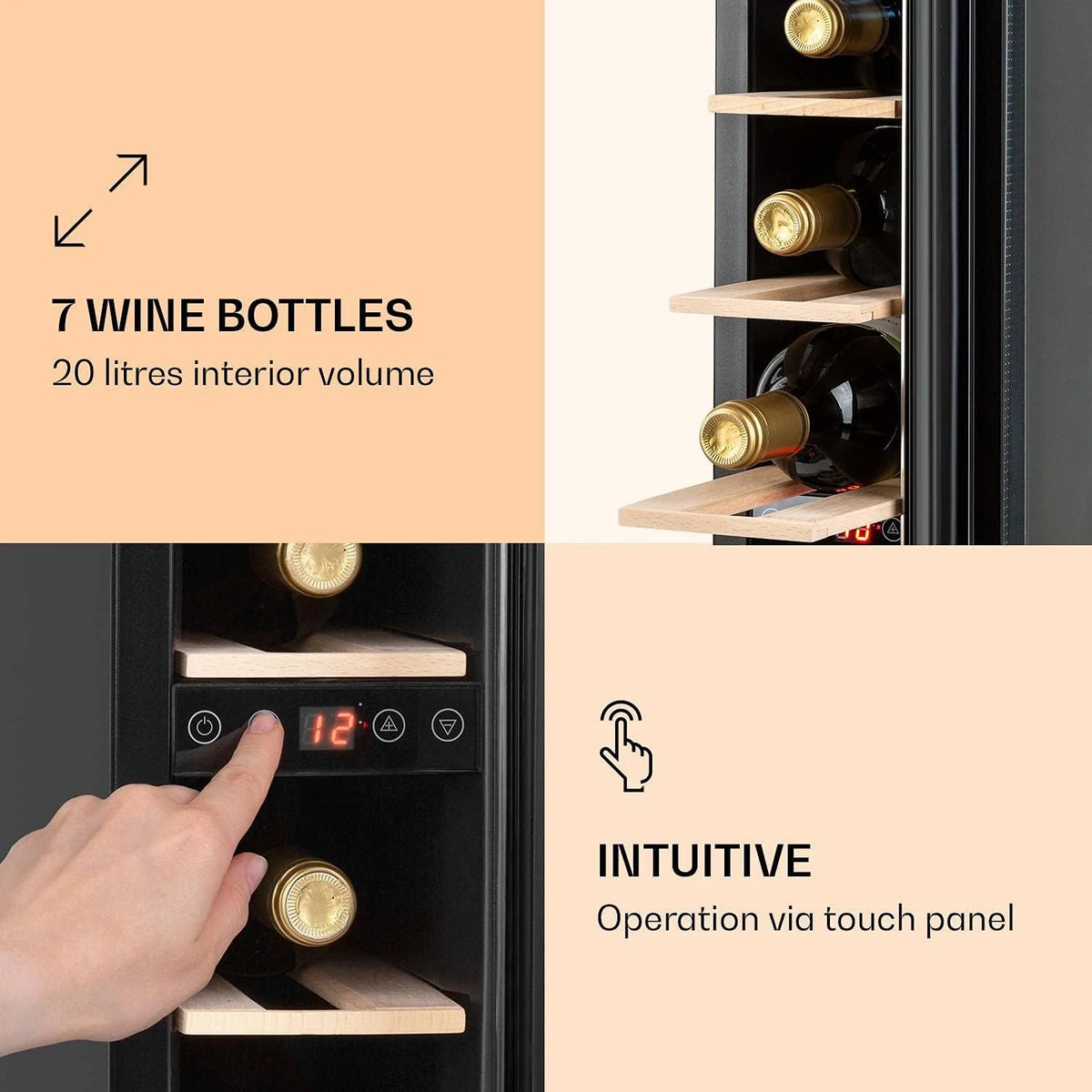 Klarstein Vinovilla 7 - chłodziarka na wino do zabudowy, chłodziarka na napoje, 7 butelek, oświetlenie wewnętrzne LED, sterowanie dotykowe, stal szlachetna, 20 l, czarna