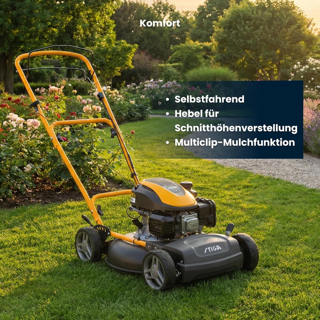STIGA Multiclip 47 S silnik wybuchowy, kosiarka do trawy trakcyjnej z silnikiem o pojemności 123 ccm, płyta tnąca 45 cm, 5 wysokości cięcia, ergonomiczny uchwyt składany