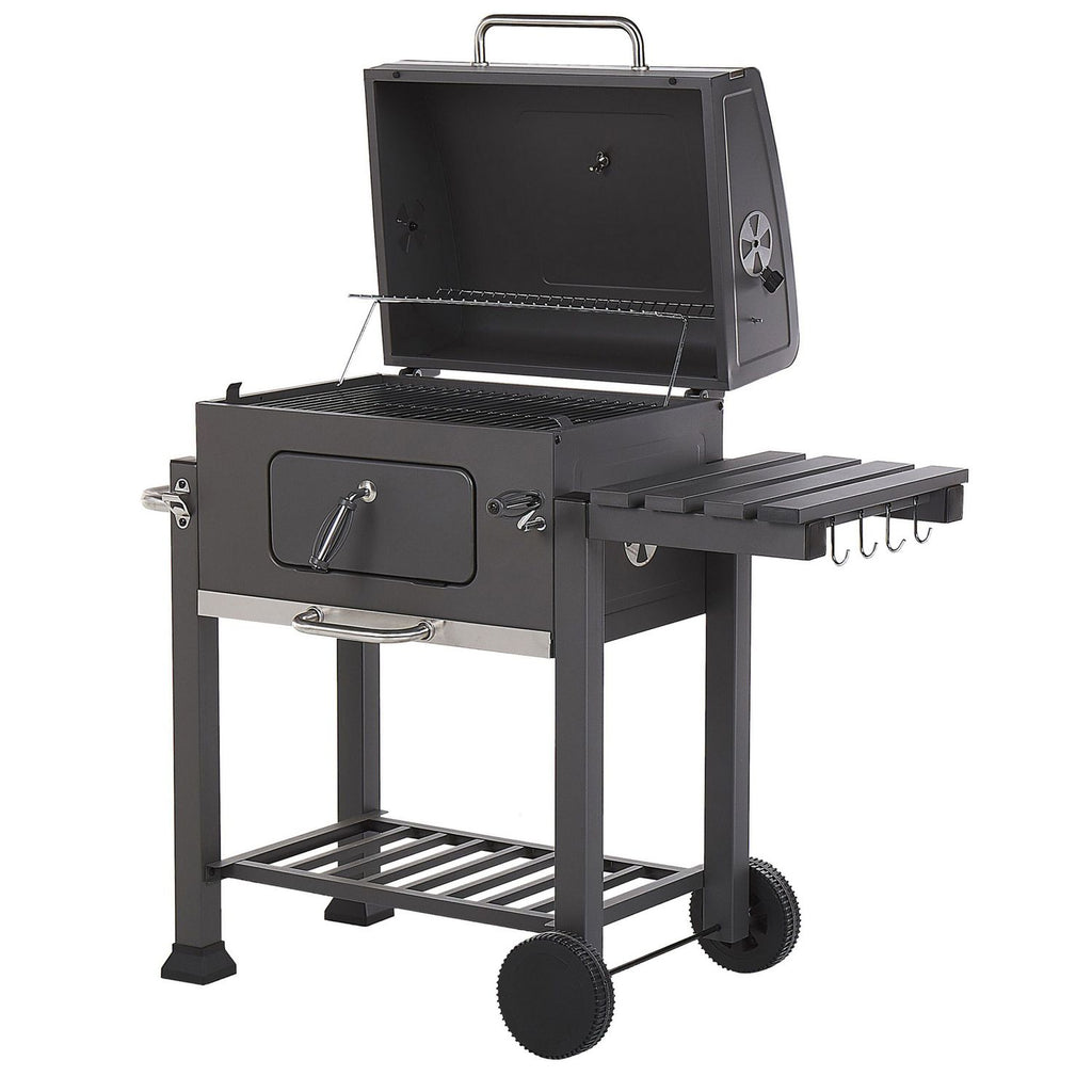 Grill węglowy BBQ, stal szara, z pokrywą, rusztem, kółkami, 2 półkami, termometrem, wyjmowaną popielniczką, Garden Pavlof - szary
