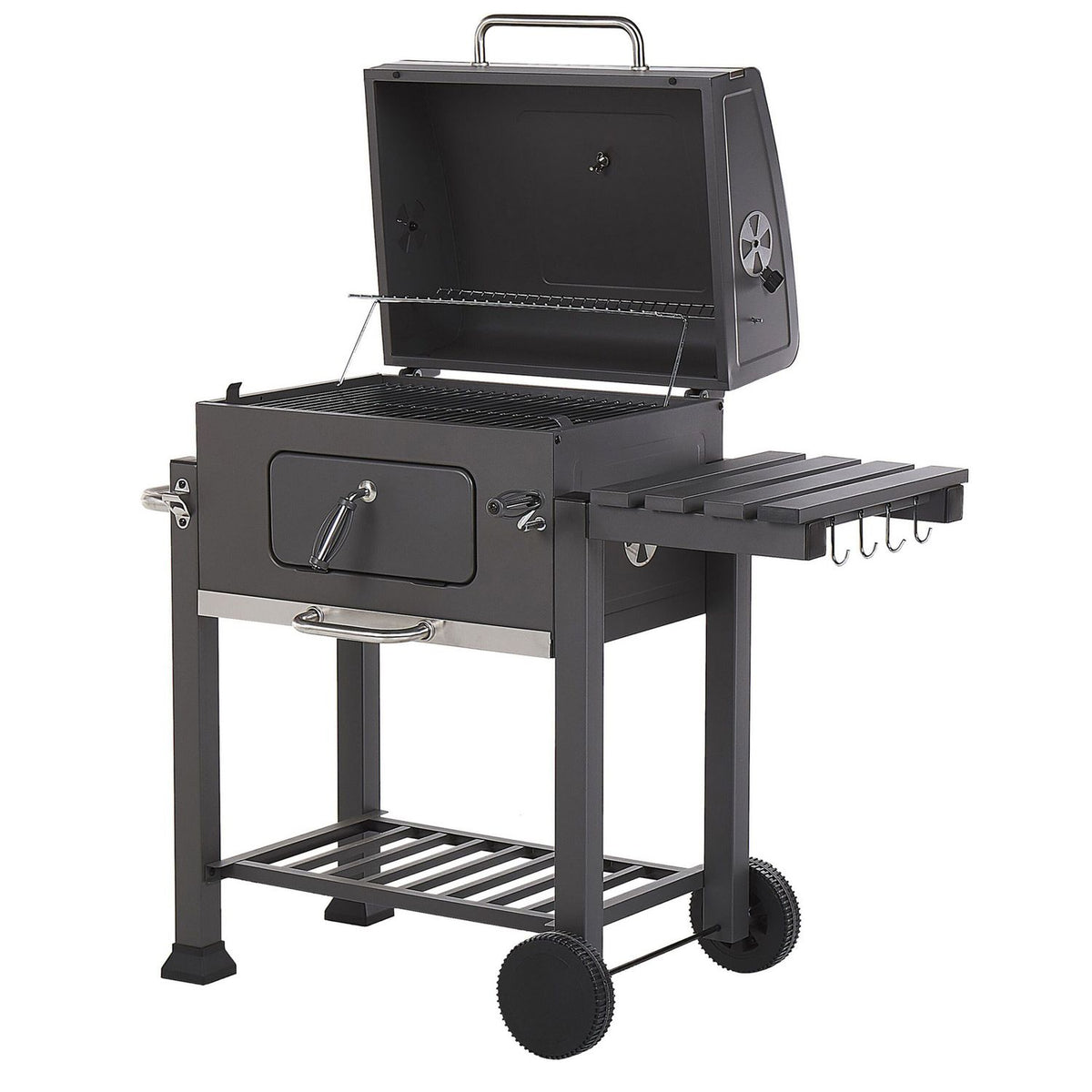 Grill węglowy BBQ, stal szara, z pokrywą, rusztem, kółkami, 2 półkami, termometrem, wyjmowaną popielniczką, Garden Pavlof - szary