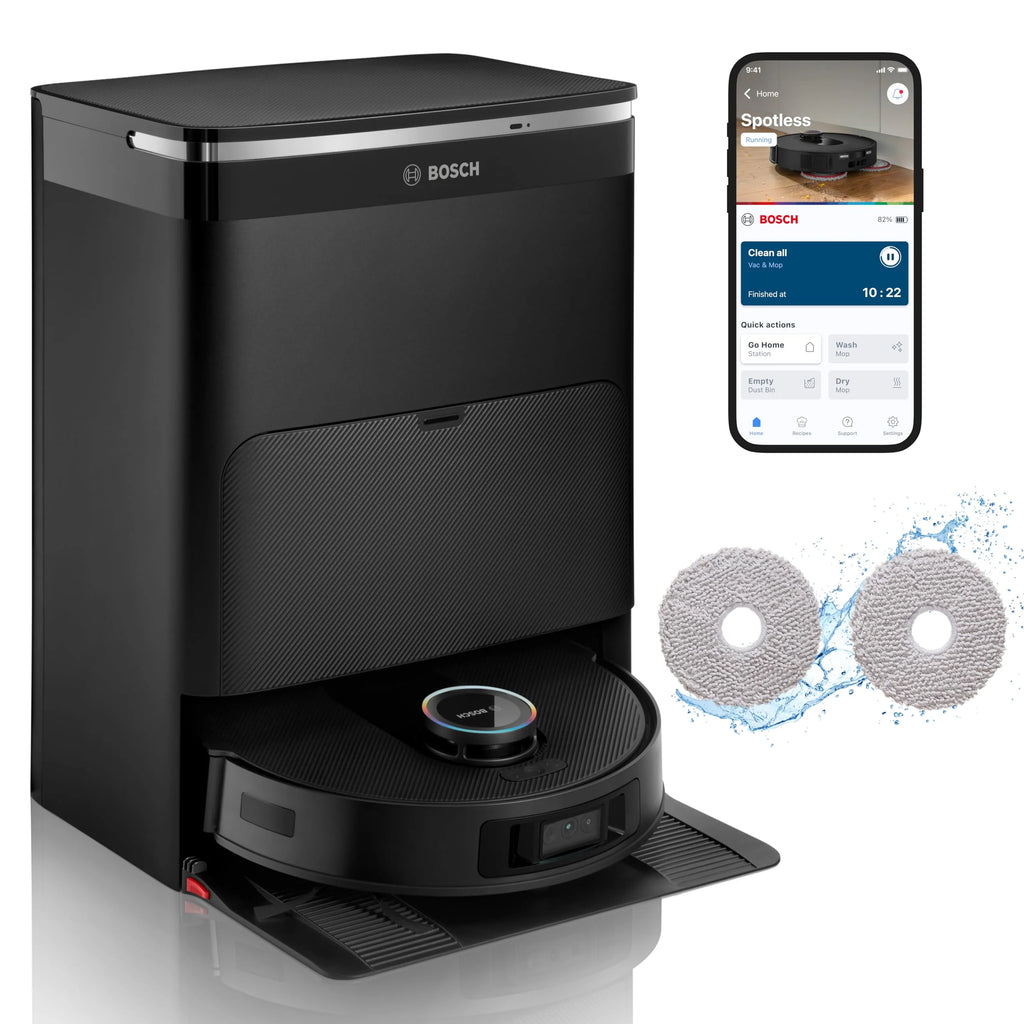 Bosch Spotless Max Robot sprzątający z funkcją mopowania, moc ssania 11 000 Pa, wysuwana nakładka mopującą, stacja czyszczącą, nawigacją Smart Vision, aplikacja Bosch Home Connect, BCRDW3B, czarny