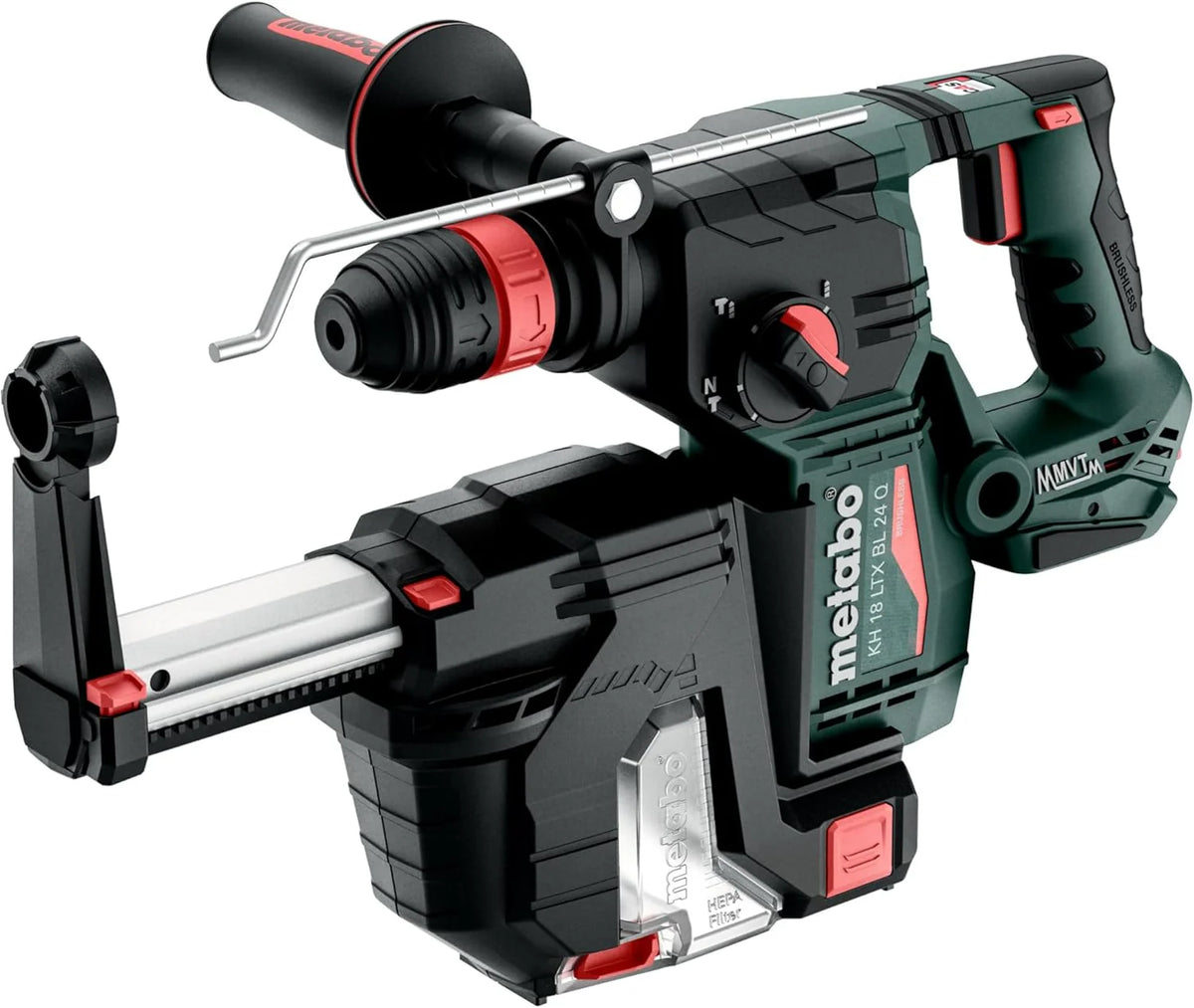 metabo Akumulatorowy młot kombi KH 18 LTX BL 24 Q zestaw ISA - 18 V, 2,2 J, energia udaru 24 mm, średnica wiercenia w betonie - SDS-plus z odsysaniem, silnik bezszczotkowy, idealny do wiercenia i