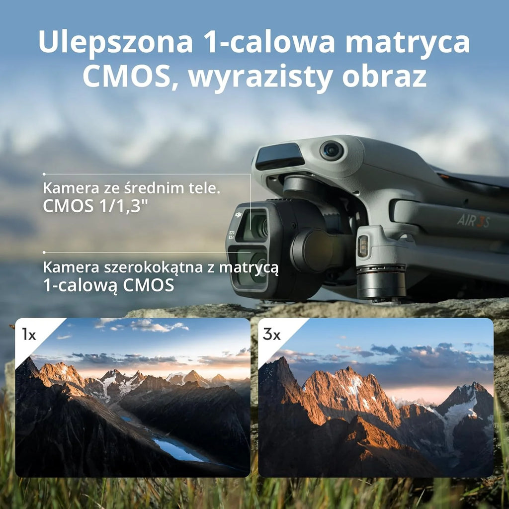 Pakiet DJI Air 3S Flight More (RC-N3), dron szerokokątny z 1 CMOS i telekamerą średnią, wideo 4K/60 kl./s HDR, wielokierunkowe wykrywanie przeszkód w nocnych scenach i 3 bateriami, aby latać więcej