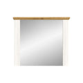 Lustro z białą ramą i drewnianym detalem – nowoczesny design do wnętrz.