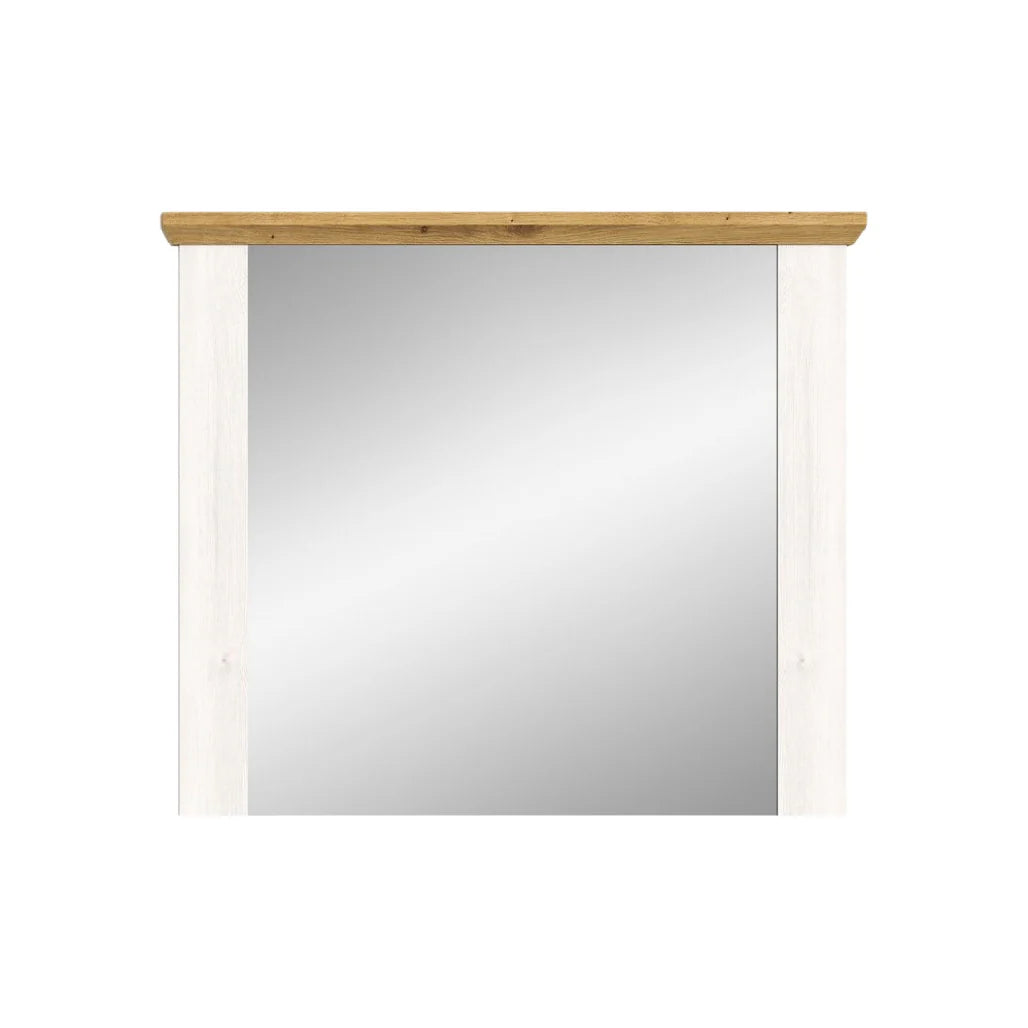 Lustro z białą ramą i drewnianym detalem – nowoczesny design do wnętrz.