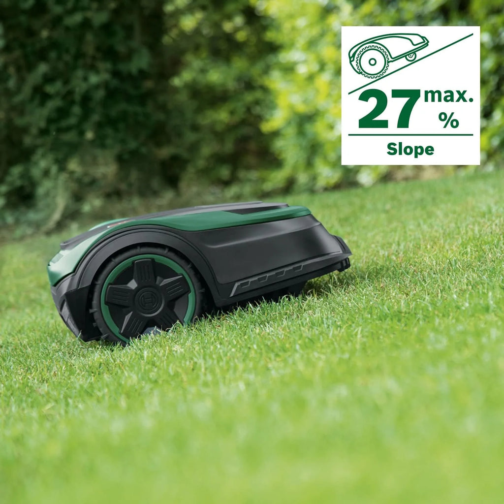 Bosch Home and Garden automatyczna kosiarka trawnikowa Indego S+ 500 (z akum. 18V i funkcją aplikacji, stacja ładująca w zestawie, szer. koszenia 19cm, do trawników o powierzchni do 500m², w kartonie)