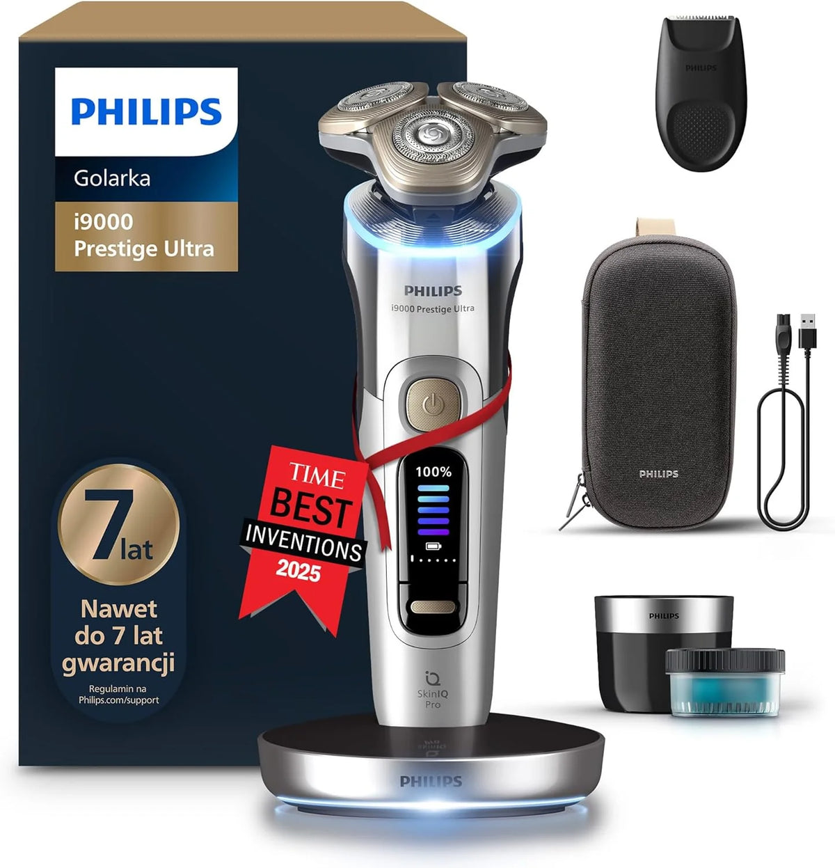 Philips Shaver i9000 Prestige Ultra, golarka elektryczna do golenia na sucho i mokro z technologią Skin IQ Pro, System Triple Lift & Cut, obrotowe 360º ostrza, 5 trybów golenia, Model XP9404/31