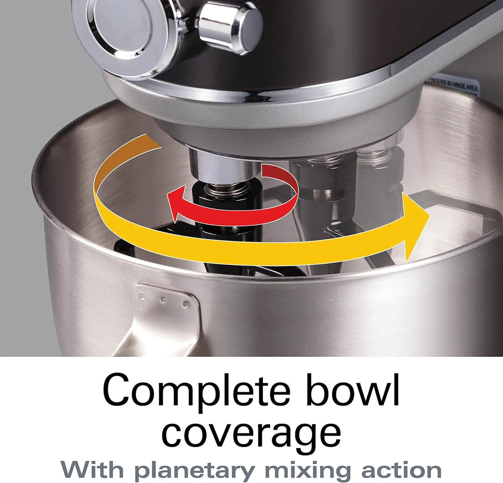 Hamilton Beach Professional Metalowy blender stojący ze specjalnym pojemnikiem mocującym, miska o pojemności 5 litrów, 12 prędkości, w zestawie płaska trzepaczka, hak do ciasta, trzepaczka (63240)