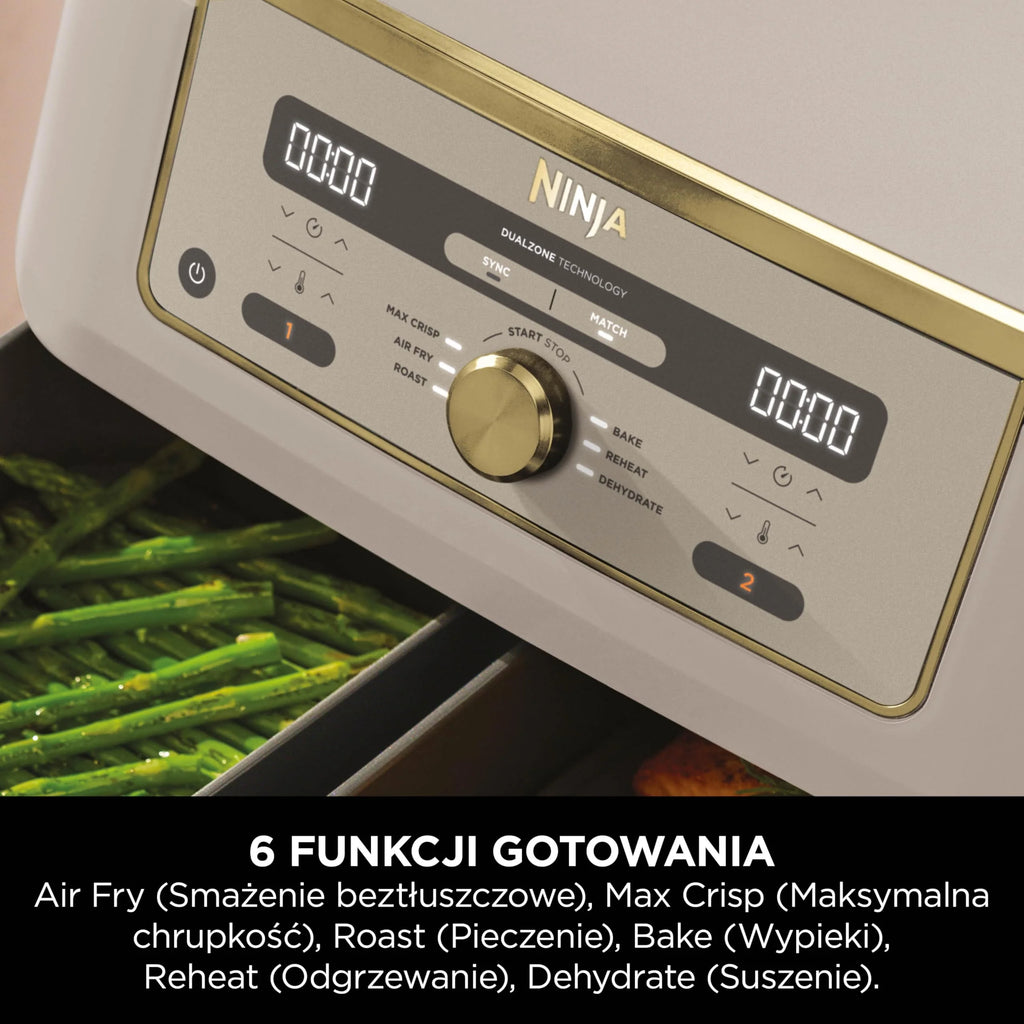 Ninja MAX Dwustrefowa frytkownica, 2 szuflady, 9,5 l, zero oleju, Air Fry, Max Crisp, Roast, Bake, Reheat, Dehydrate, nieprzywierające kosze do mycia w zmywarce, Złoty odcień kamienia, DZ400EUSTGD