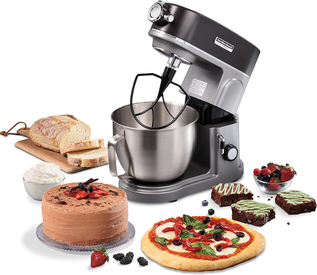 Hamilton Beach Professional Metalowy blender stojący ze specjalnym pojemnikiem mocującym, miska o pojemności 5 litrów, 12 prędkości, w zestawie płaska trzepaczka, hak do ciasta, trzepaczka (63240)