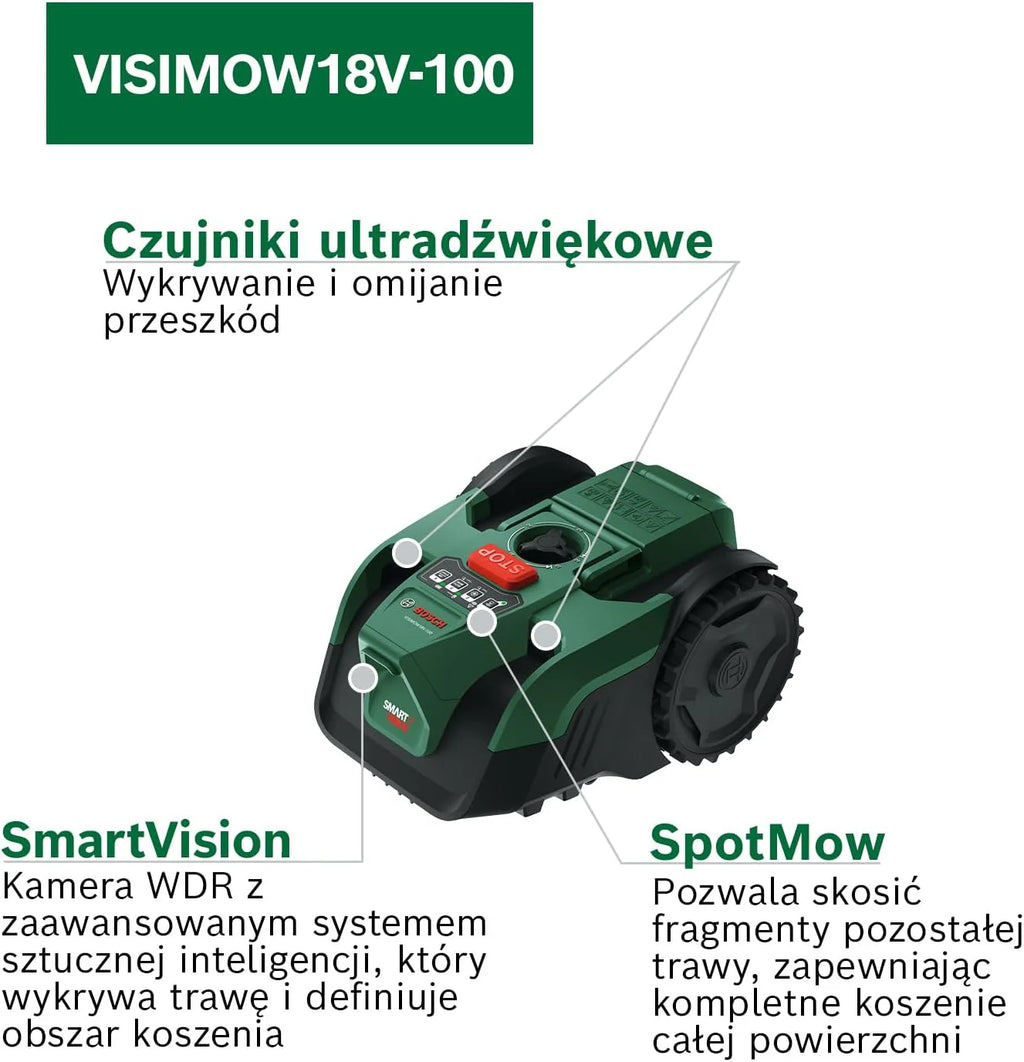 Bosch Akumulatorowy robot koszący VISIMOW18V-100 (do trawników o powierzchni do 100 m², szerokość cięcia: 16 cm, wysokość cięcia: 20 – 60 mm, bez akumulatora)