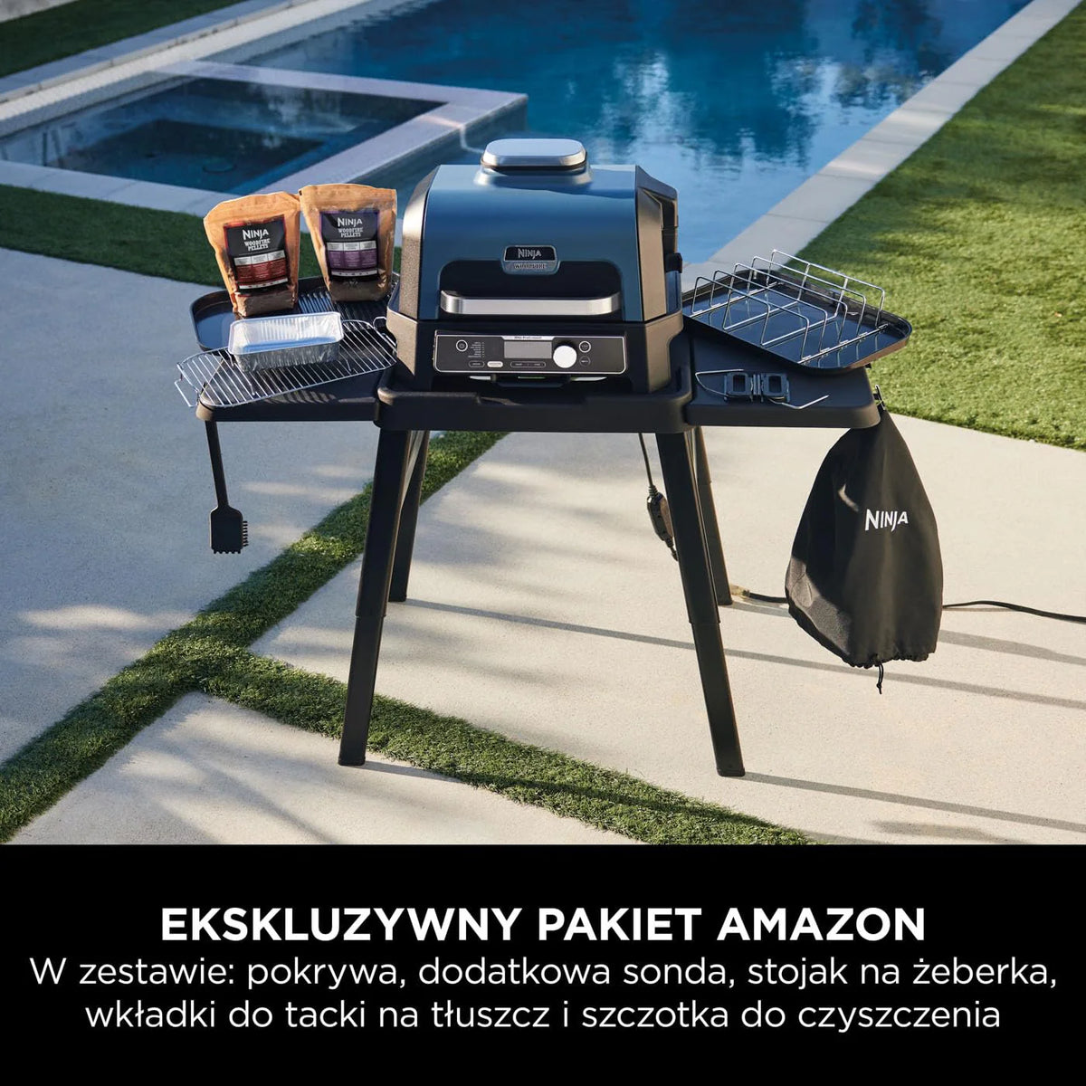 Ninja Woodfire Pro Connect XL Grill elektryczny, wędzarnia i frytkownica 7 w 1, sterowany za pomocą aplikacji, termometr cyfrowy z sondą, opalany pelletem drzewnym, wodoodporny, czarny, OG901EU