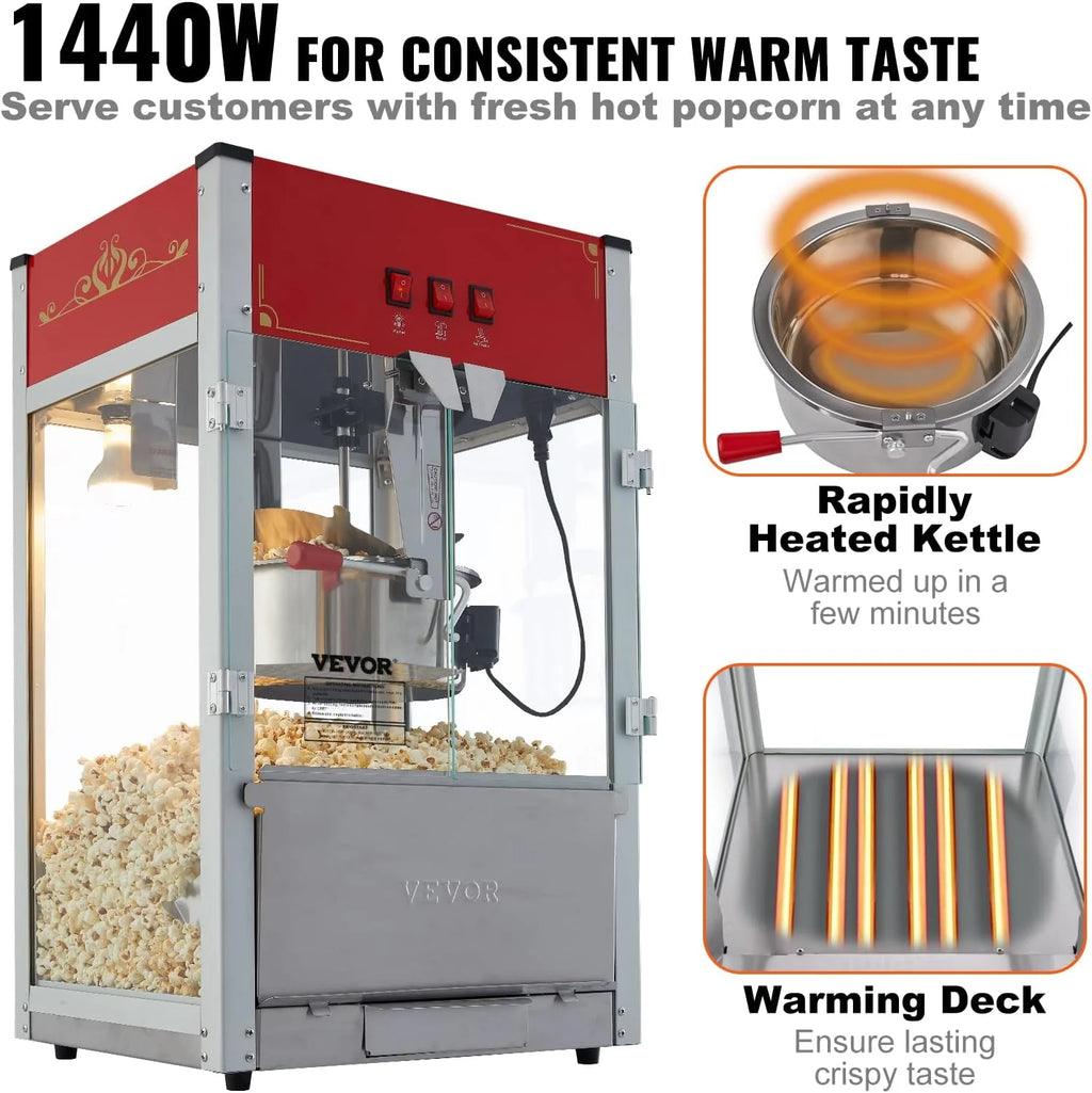 VEVOR Maszyna do popcornu – maszyna do popcornu 1440 W, z kociołkiem o pojemności 12 oz, na maks. 80 filiżanek na ładowanie, z hartowanego szkła i 3 łopatkami ze stali nierdzewnej