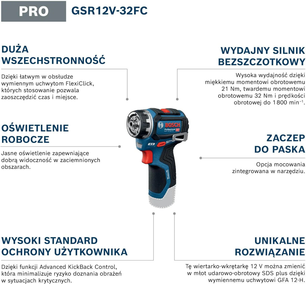 Bosch PRO 18V System Wiertarko-wkrętarka akumulatorowa GSR12V-32FC (wymienne uchwyty: GFA 12-M, GFA 12-X, GFA 12-E, GFA 12-W, GFA 12-H, rękojeść dodatkowa, ogranicznik głębokości, walizka L-BOXX)