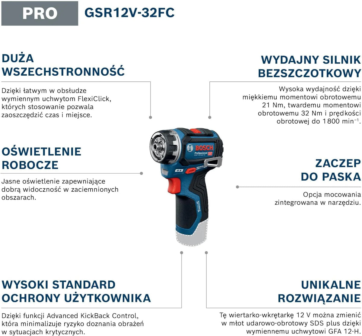 Bosch PRO 18V System Wiertarko-wkrętarka akumulatorowa GSR12V-32FC (wymienne uchwyty: GFA 12-M, GFA 12-X, GFA 12-E, GFA 12-W, GFA 12-H, rękojeść dodatkowa, ogranicznik głębokości, walizka L-BOXX)