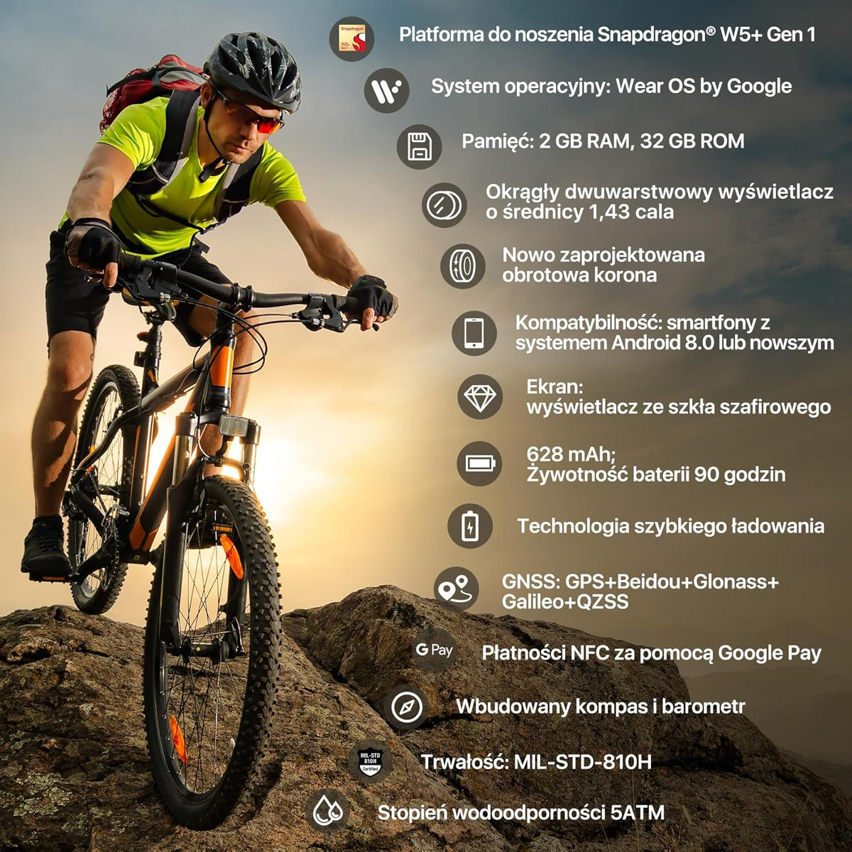 Ticwatch Pro 5 Enduro Smartwatch dla mężczyzn z systemem Android Wear OS Smart Watch 90 h, akumulator 110+, tryby treningowe 7/24, tętno 5 ATM, kompas GPS, nie jest kompatybilny z iPhonem