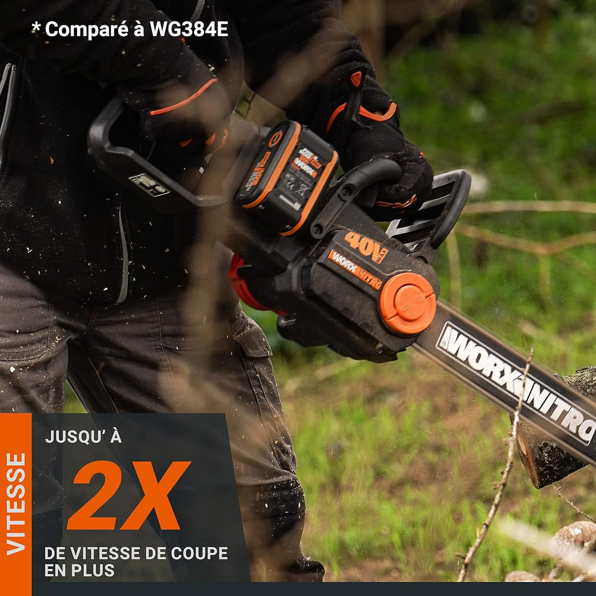 WORX WG385E Nitro Akumulatorowa Pilarka Łańcuchowa 40V(2 x 20V), Silnik Bezszczotkowy, Automatyczne Napinanie i Smarowanie Łańcucha, Długość Cięcia 40 cm, Prędkość Cięcia 18m/s